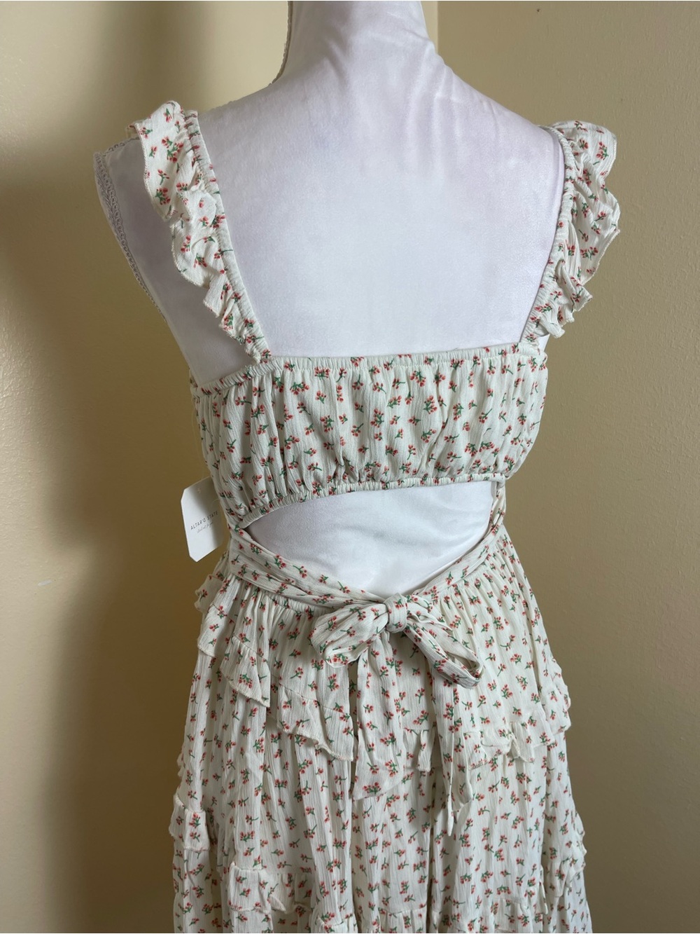 Coquette Floral Ruffle Mini Dress Tiered Cottagecore Tie Back Cutout Sundress M - Picture 12 of 16